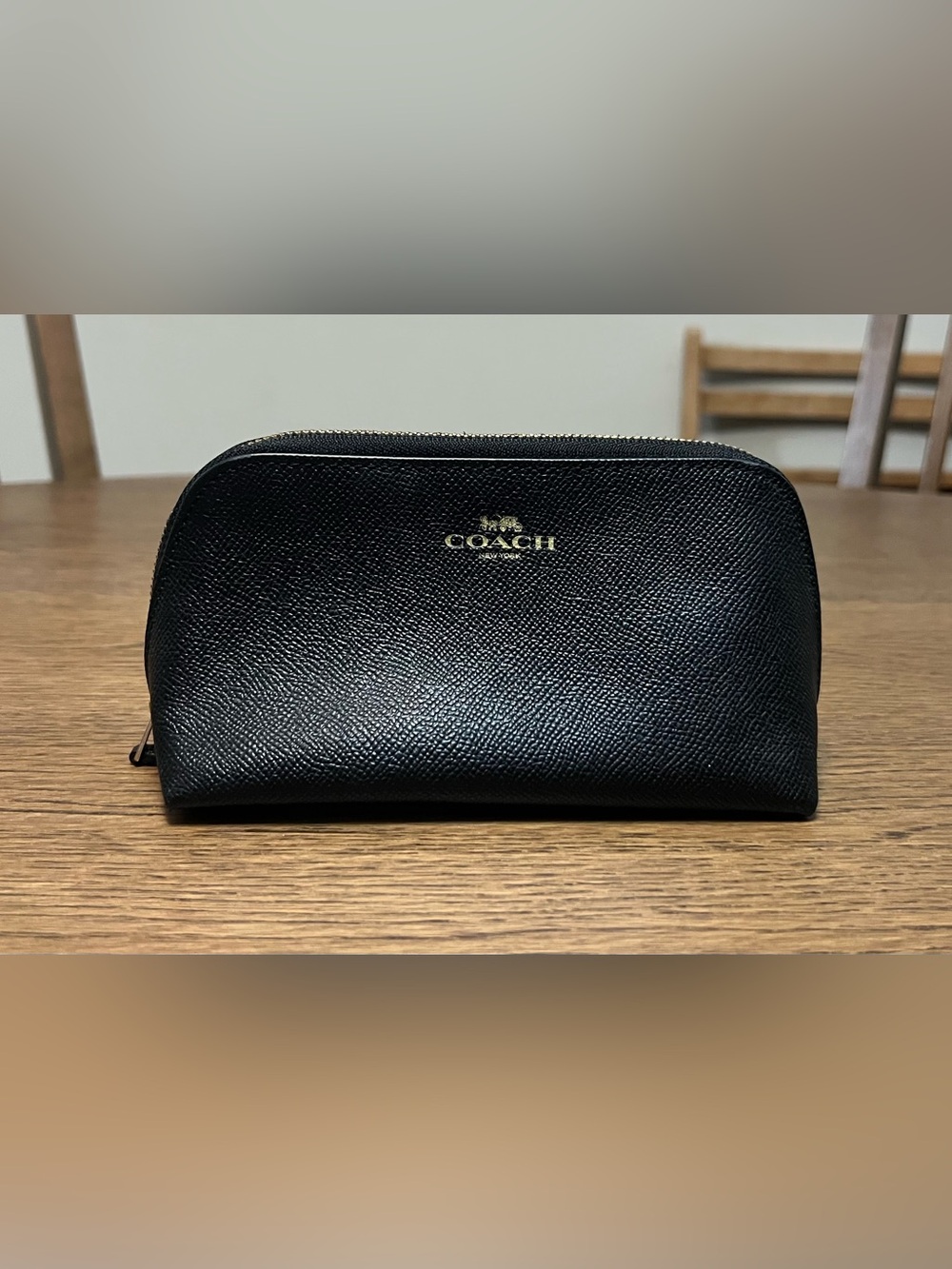 Coach Black Leather Cosmetic Pouch with Gold Logo